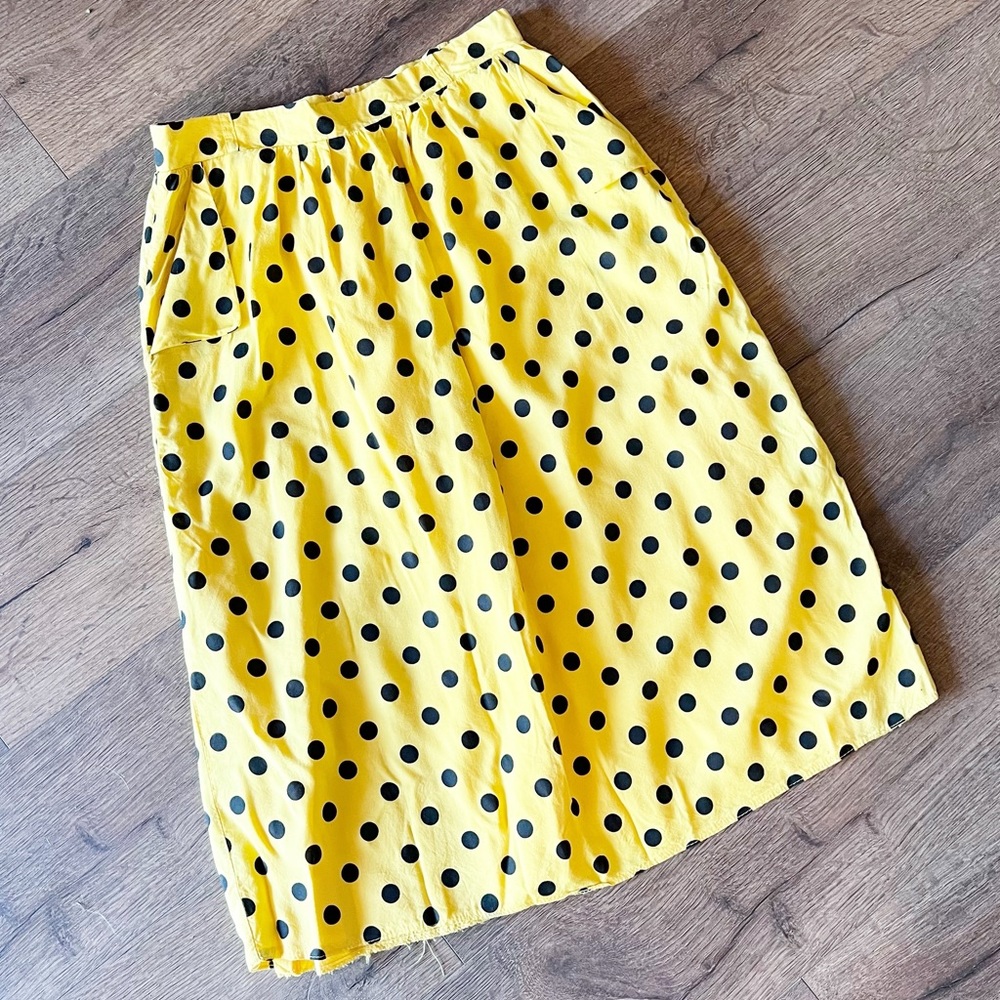 Vintage 80s Yellow Black Polka Dot Pencil Skirt Swing Midi Pockets 6 - Picture 2 of 8